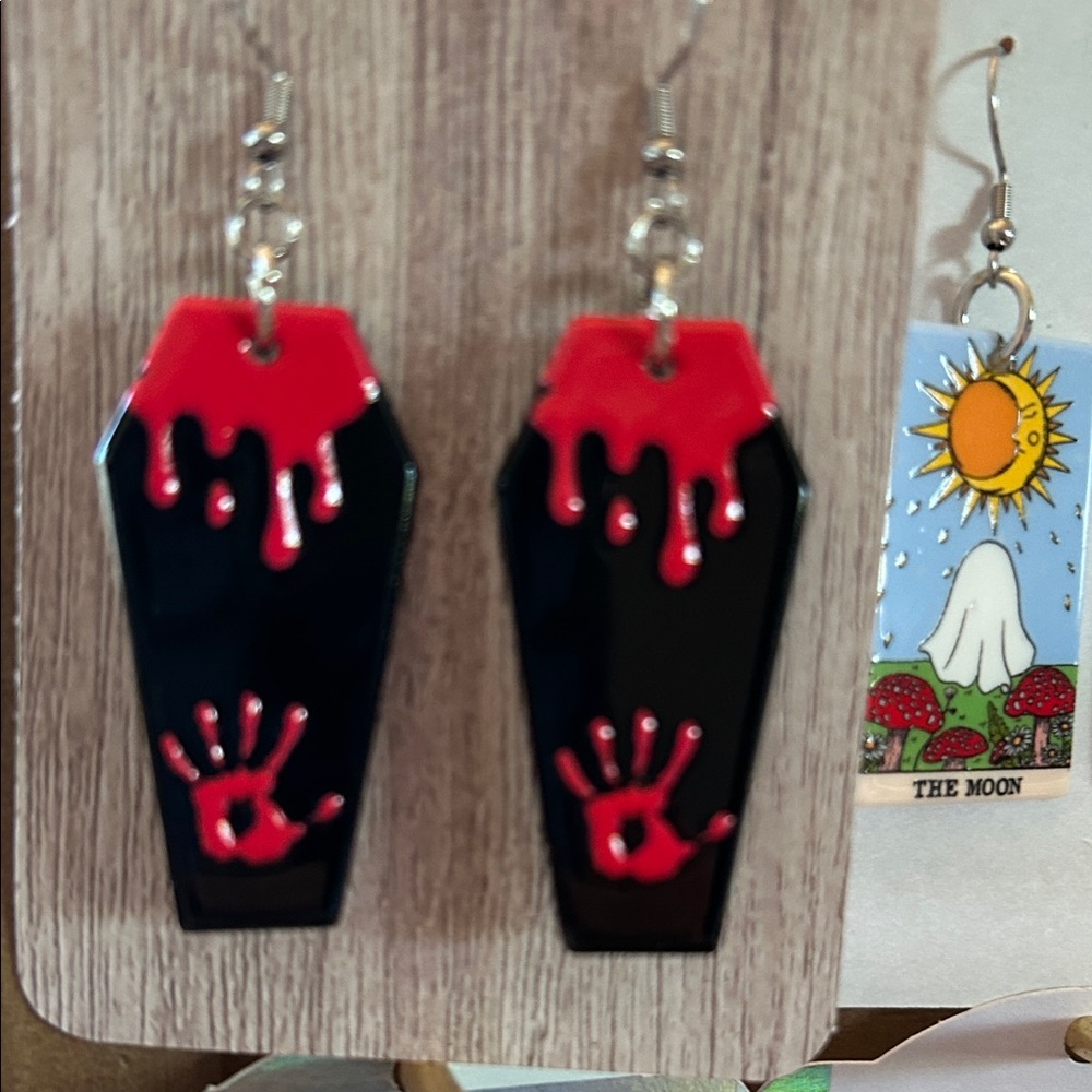 Dripping blood and bloody hands, Halloween Coffin Earrings